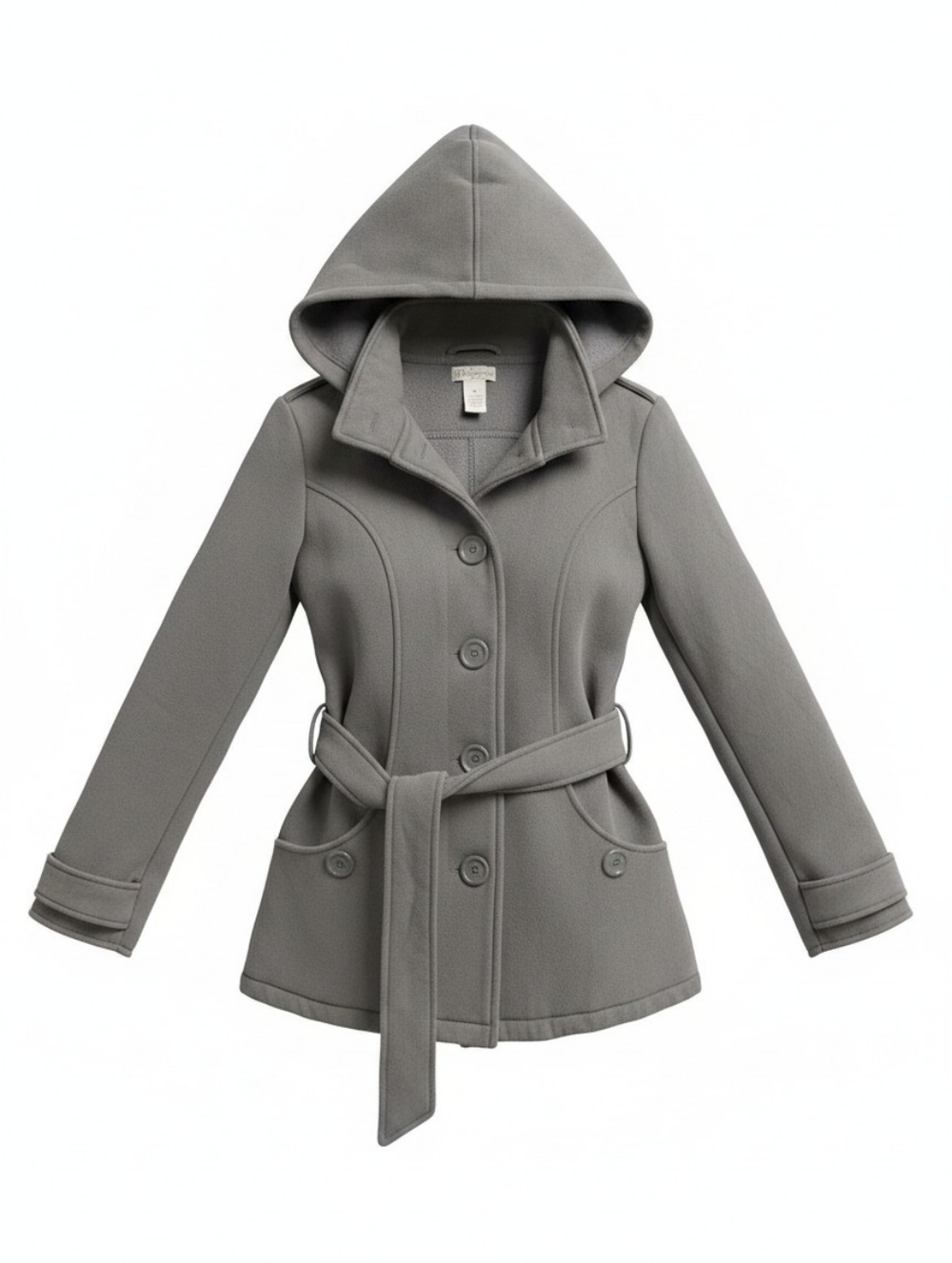 Hooded Belted Peacoat Jacket - Gray